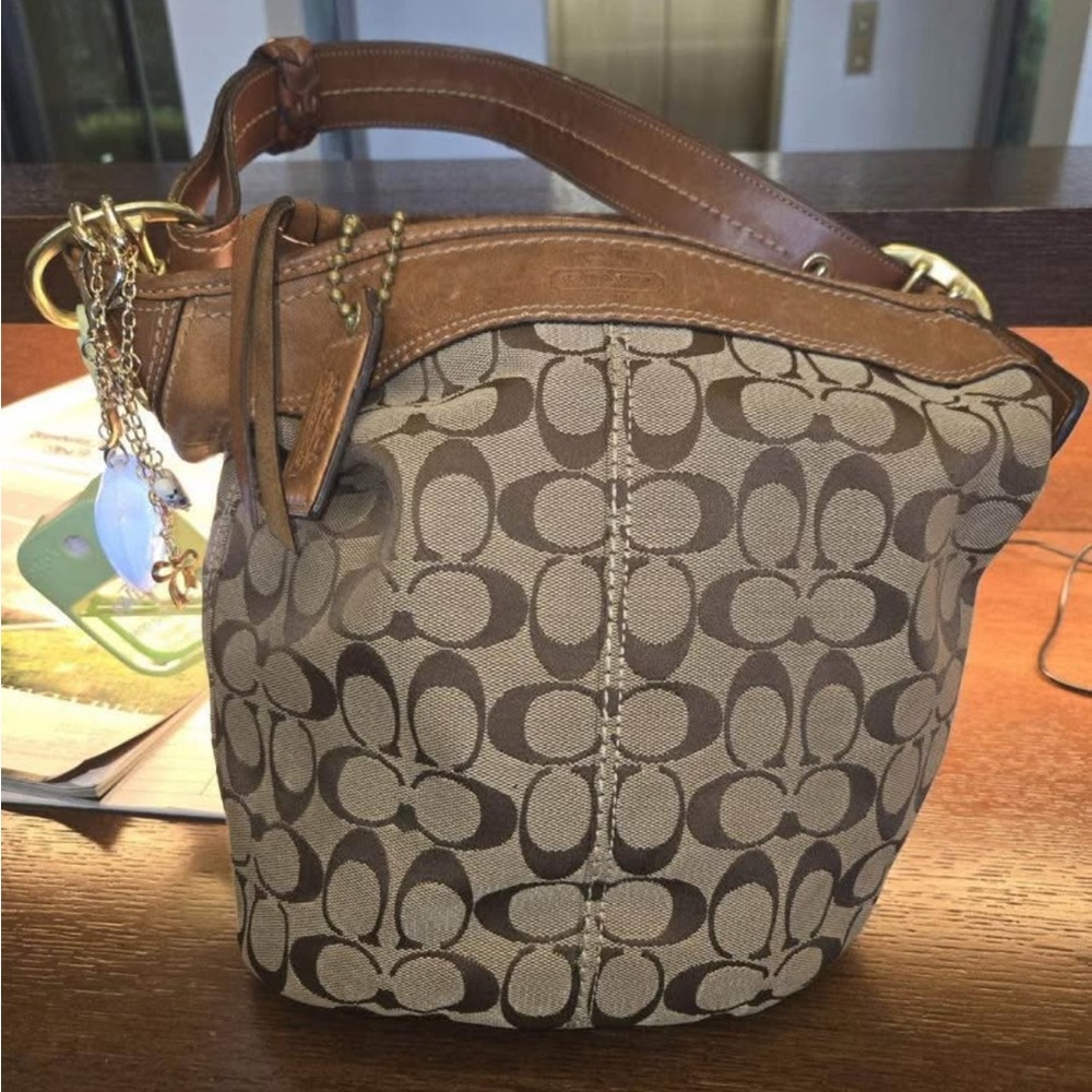 Coach Tan and Brown Signature Shoulder Bag